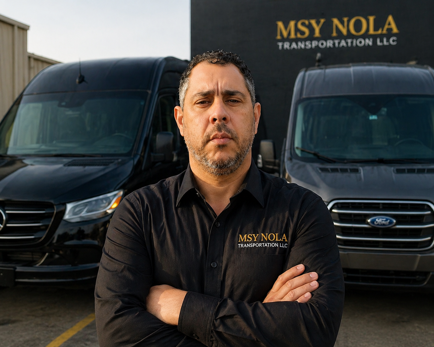 Owner of MSY NOLA Transportation LLC standing professionally in front of company vehicles