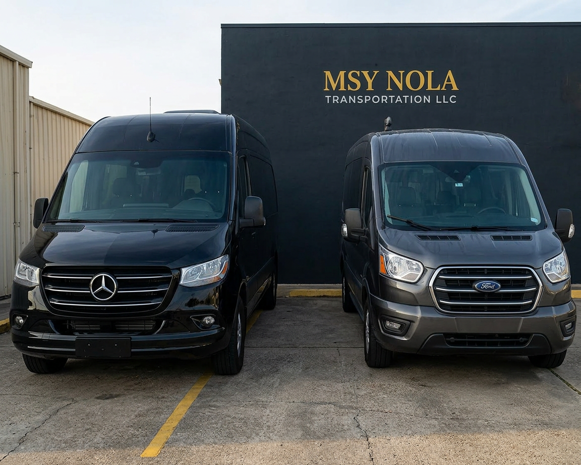 Owner of MSY NOLA Transportation LLC standing professionally in front of company vehicles